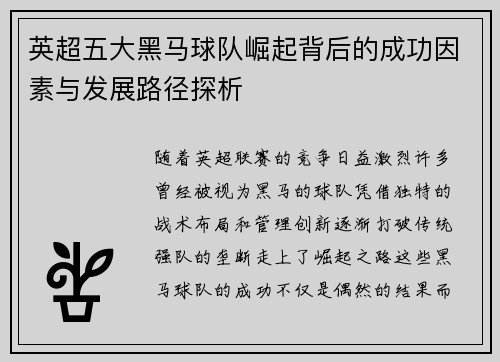 英超五大黑马球队崛起背后的成功因素与发展路径探析