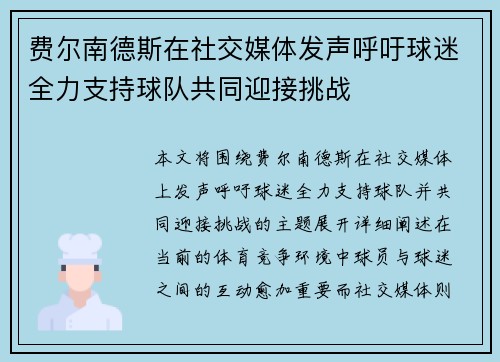 费尔南德斯在社交媒体发声呼吁球迷全力支持球队共同迎接挑战