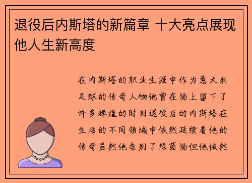 退役后内斯塔的新篇章 十大亮点展现他人生新高度 退役后内斯塔的新篇章 十大亮点展现他人生新高度